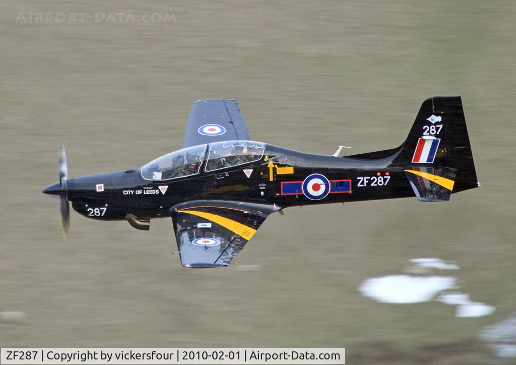 ZF287, 1991 Short S-312 Tucano T1 C/N S085/T58, Royal Air Force. Operated by 72 (R) Squadron, named 'City of Leeds'. M6 Pass, Cumbria.