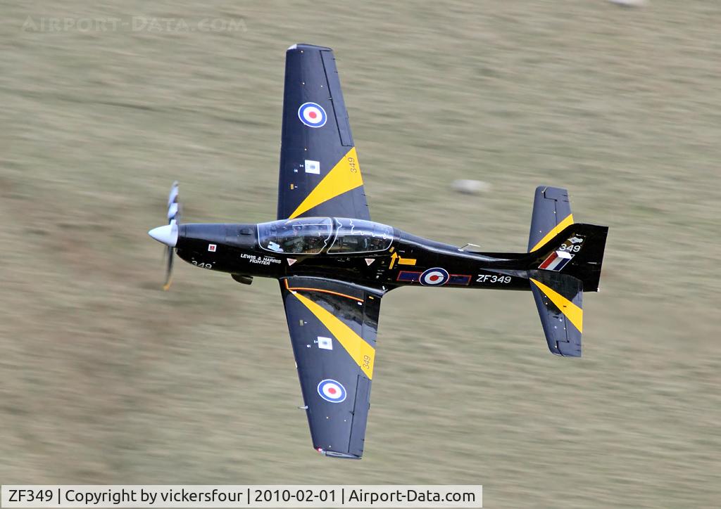 ZF349, Short S-312 Tucano T1 C/N S113/T84, Royal Air Force. Operated by 72 (R) Squadron, named 'Lewis and Harris Fighter'. M6 Pass, Cumbria.