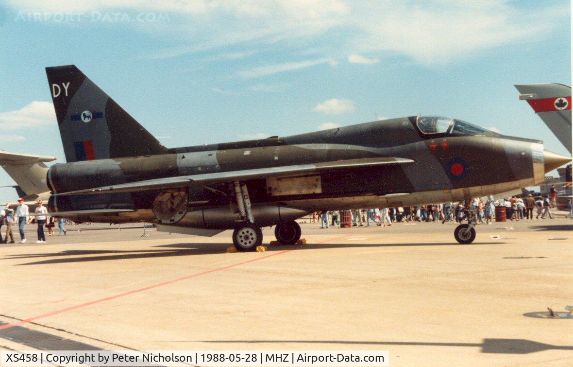 XS458, 1965 English Electric Lightning T.5 C/N 95018, Lightning T.5 of the Lighting Training Flight at RAF Binbrook on display at the 1988 Mildenhall Air Fete.