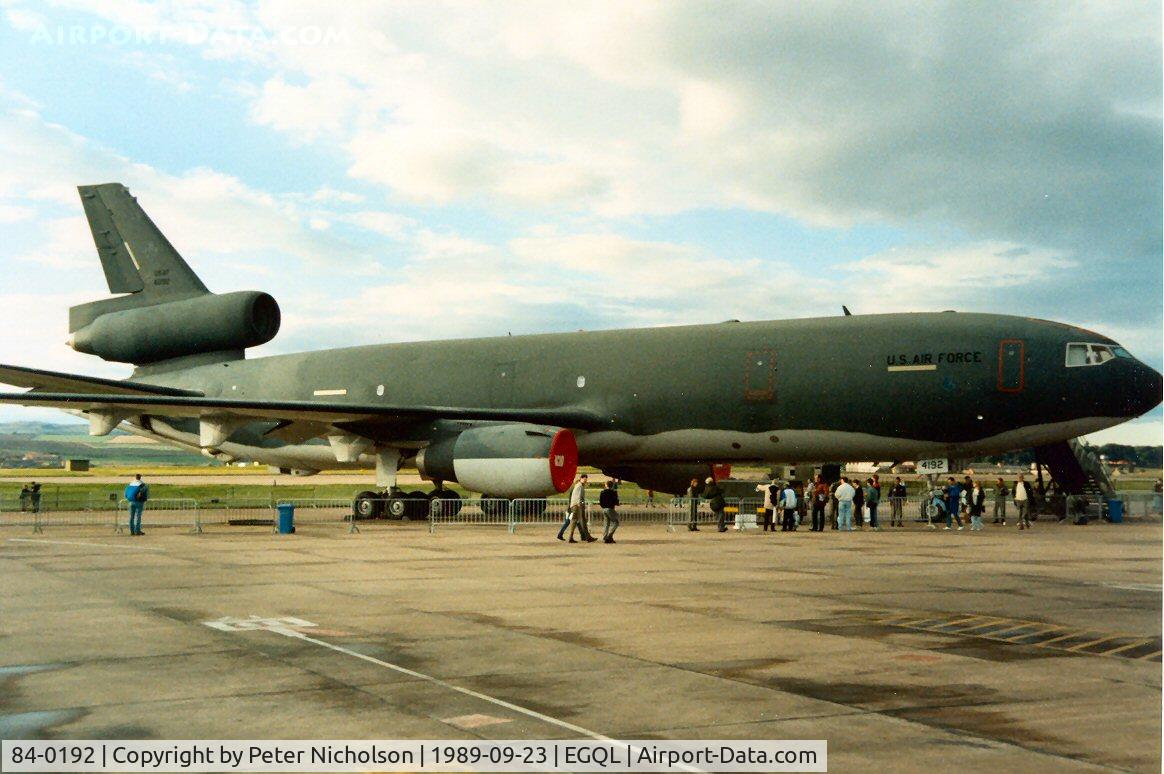 84-0192, 1984 McDonnell Douglas KC-10A Extender C/N 48231, KC-10A Extender of 32nd Air Refuelling Squadron/2nd Bomb Wing in the static display at the 1989 Leuchars Airshow.
