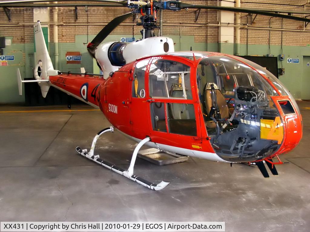XX431, 1975 Westland SA-341C Gazelle HT2 C/N WA1382, former Royal Navy Gazelle HT.2 displayed at RAF Shawbury