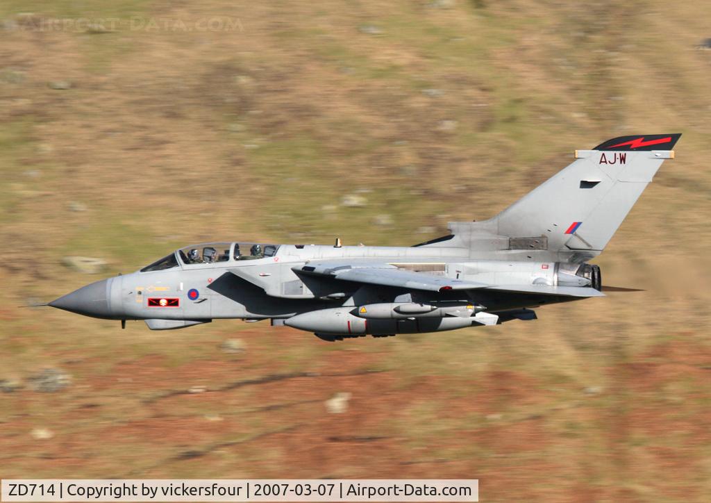 ZD714, 1984 Panavia Tornado GR.4 C/N 336/BS115/3155, Royal Air Force Tornado GR4 (c/n BS115). Operated by the Marham Wing but wears 617 Squadron markings, coded 'AJ-W'. Dunmail Raise, Cumbria.