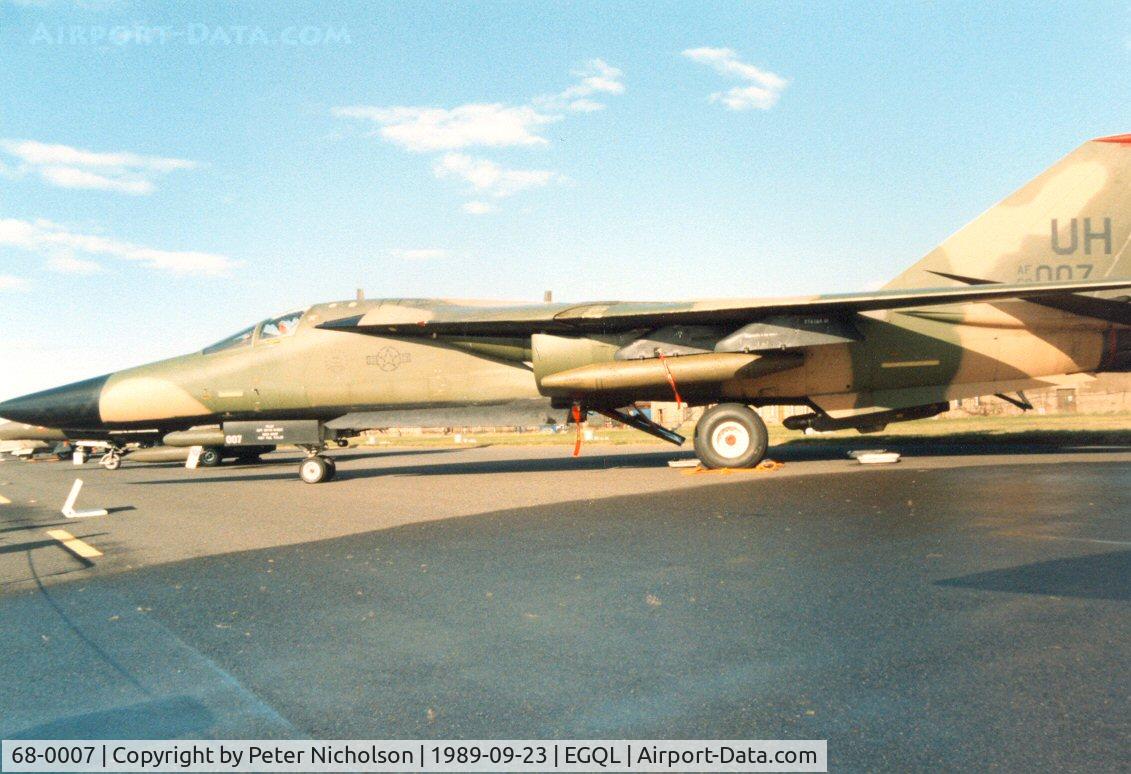 68-0007, 1968 General Dynamics F-111E Aardvark C/N A1-176, F-111E of RAF Upper Heyford's 77th Tactical Fighter Squadron/20th Tactical Fighter Wing on display at the 1989 RAF Leuchars Airshow.