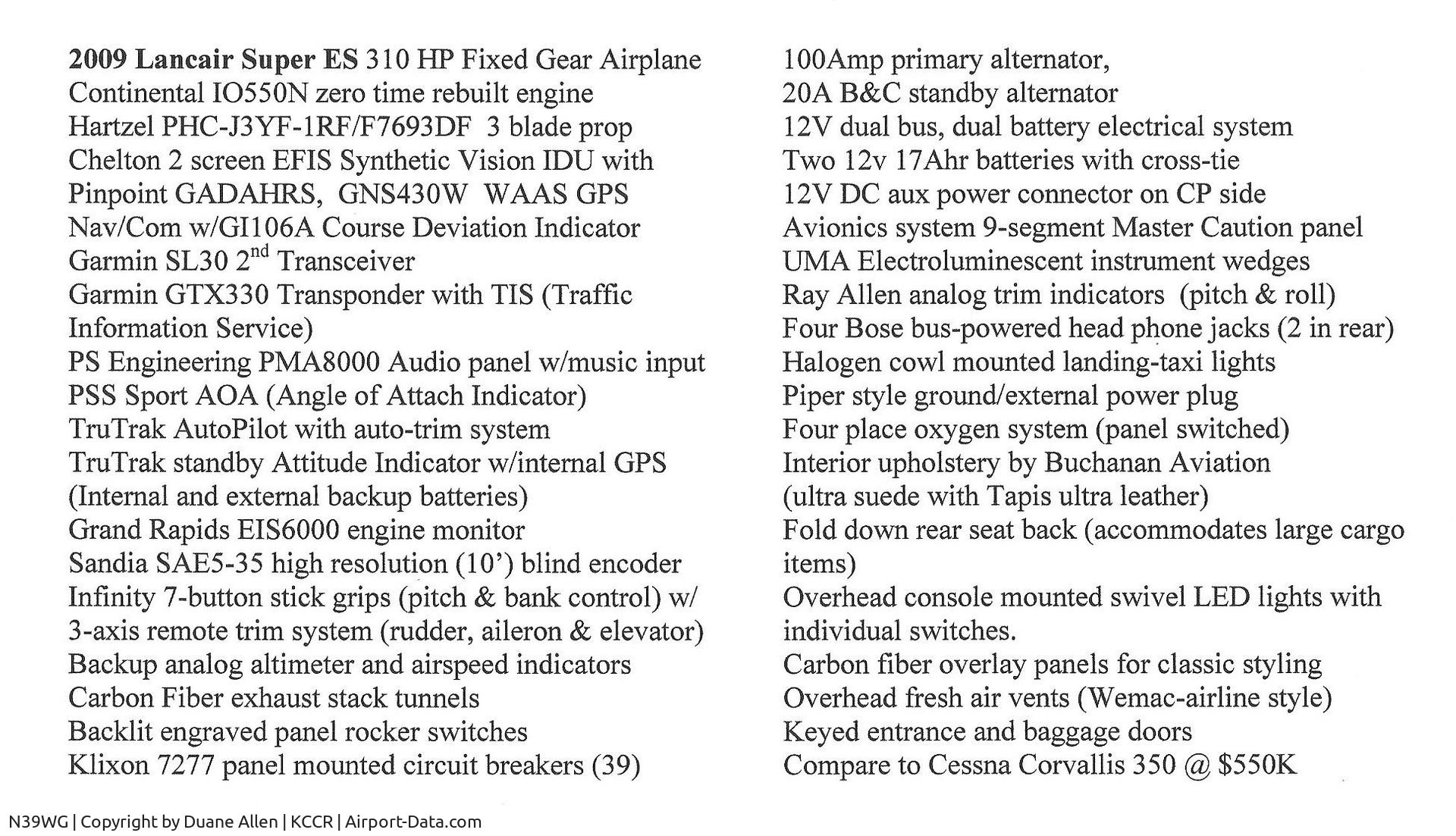 N39WG, Lancair ES C/N ES-39-A, Airplane specs/equipment installed
