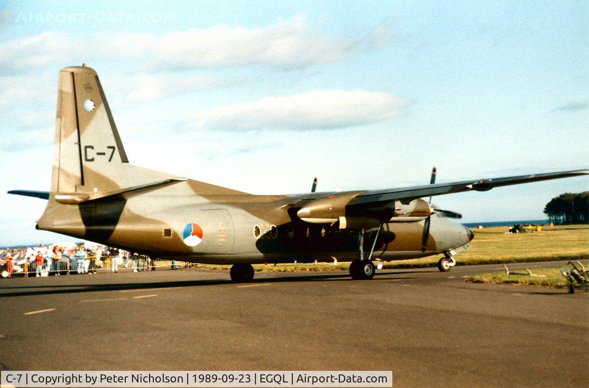 C-7, 1960 Fokker F-27-300M Troopship C/N 10157, F-27 Troopship of 334 Squadron Royal Netherlands Air Force on display at the 1989 RAF Leuchars Airshow.