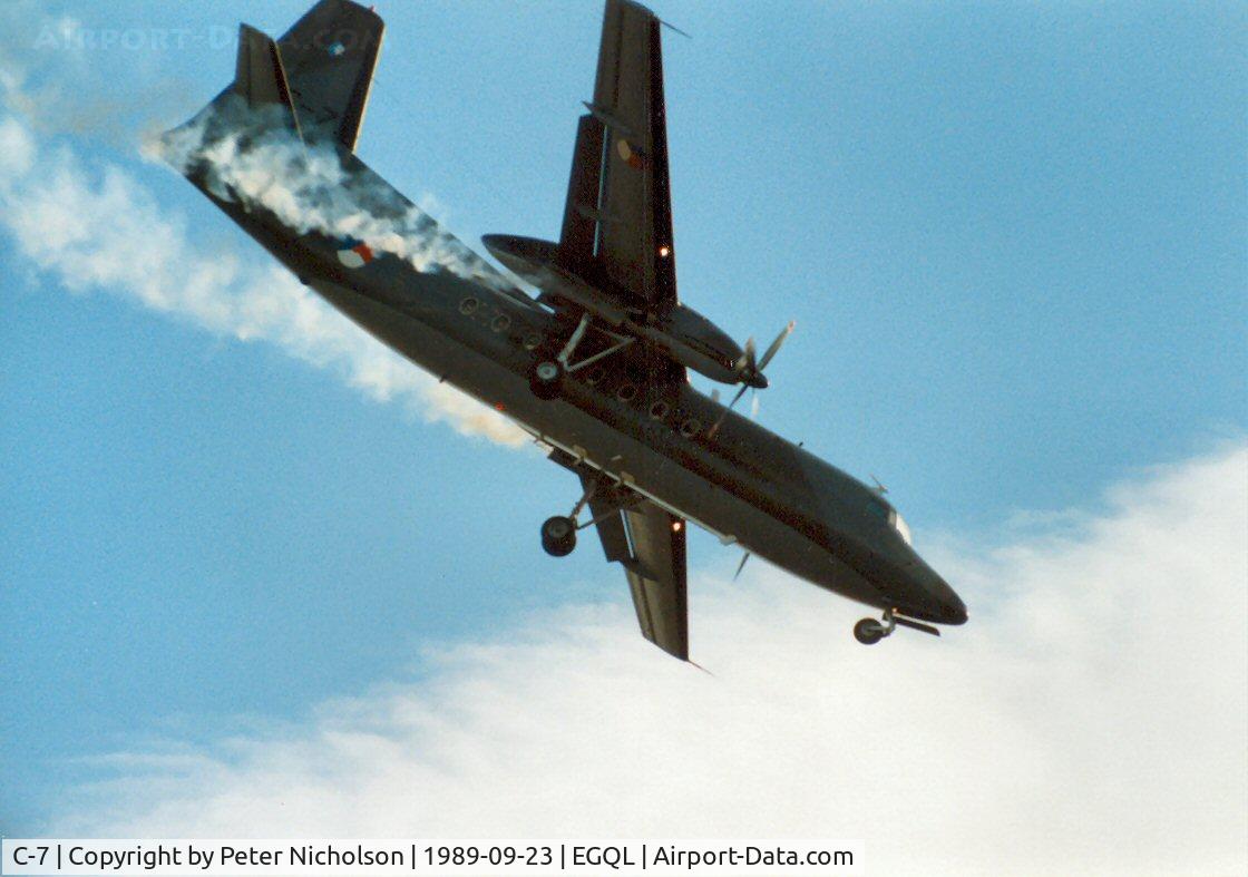 C-7, 1960 Fokker F-27-300M Troopship C/N 10157, A steep approach by the Troopship at the 1989 RAF Leuchars Airshow with smoke generators to show his aerobatics to good advantage.