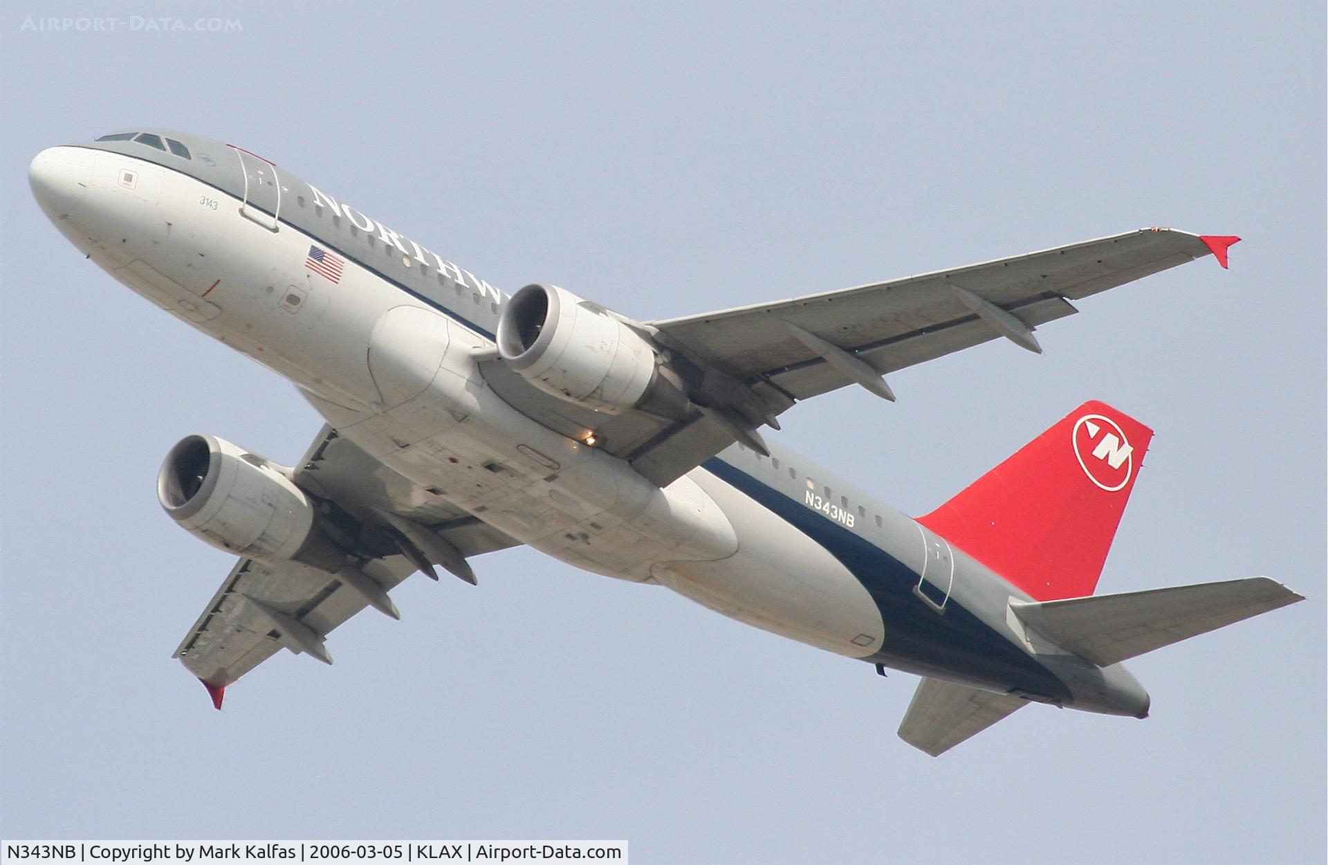N343NB, 2002 Airbus A319-114 C/N 1752, Northwest  A319-114, 25R departure KLAX.