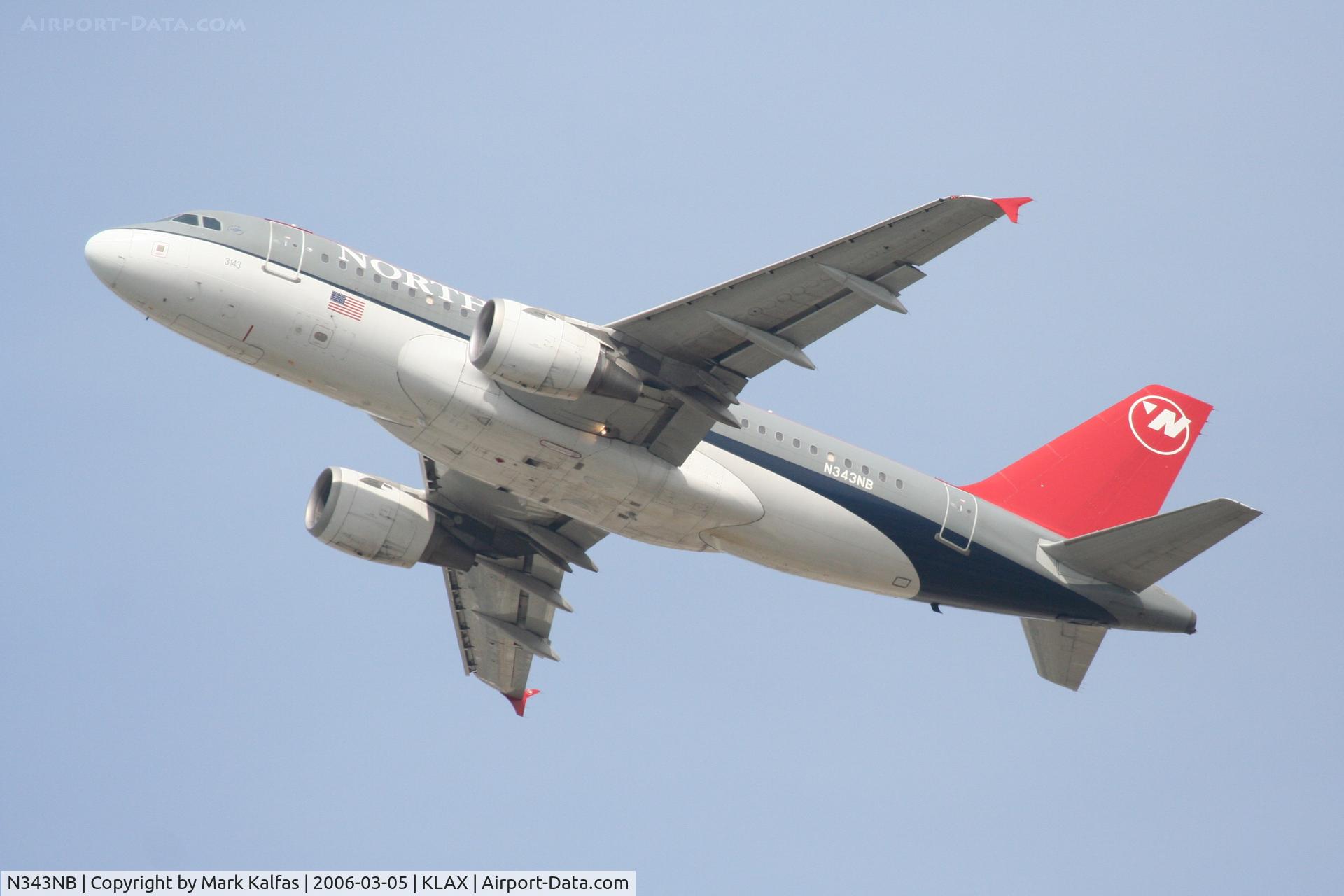 N343NB, 2002 Airbus A319-114 C/N 1752, Northwest  A319-114, 25R departure KLAX.
