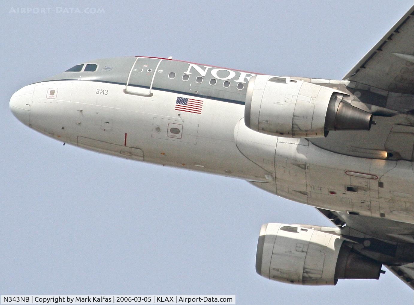 N343NB, 2002 Airbus A319-114 C/N 1752, Northwest  A319-114, 25R departure KLAX.