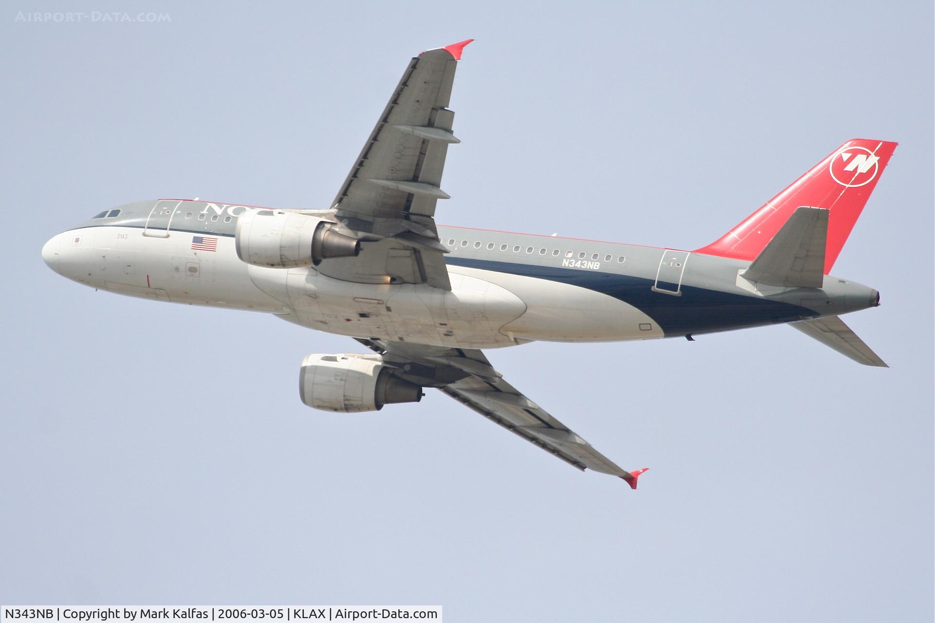 N343NB, 2002 Airbus A319-114 C/N 1752, Northwest  A319-114, 25R departure KLAX.