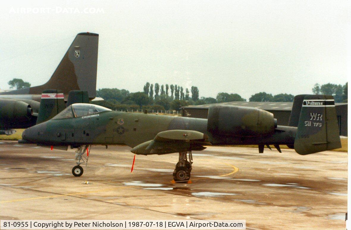 81-0955, 1981 Fairchild Republic A-10C Thunderbolt II C/N A10-0650, A-10A Thunderbolt, callsign Boar 95, of 511th Tactical Fighter Squadron/81st Tactical Fighter Wing at RAF Bentwaters on the flight-line at the 1987 Intnl Air Tattoo at RAF Fairford.