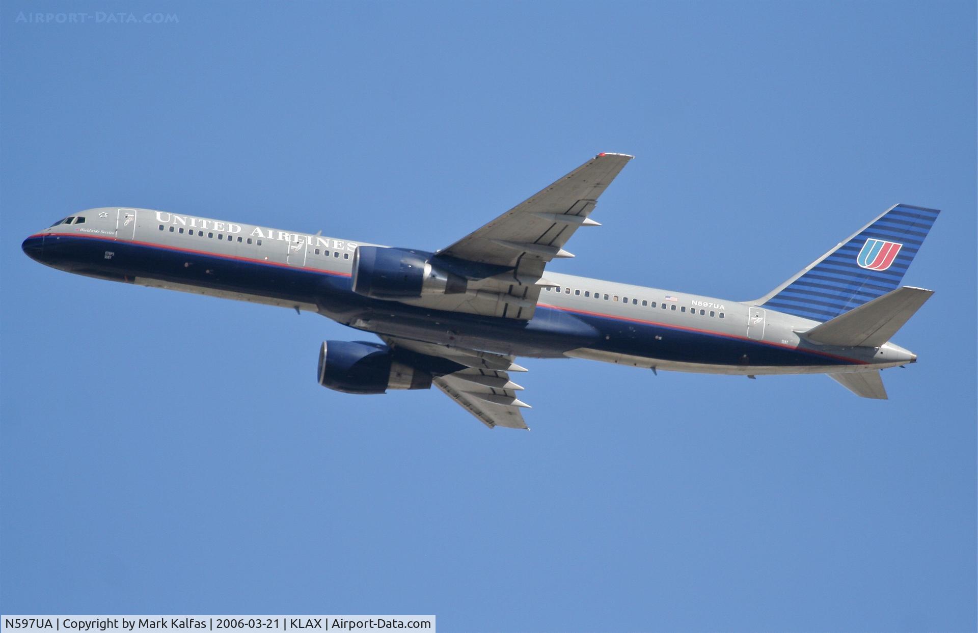 N597UA, 1998 Boeing 757-222 C/N 28750, United Airlines Boeing 757-222, N597UA departing KLAX 25R.