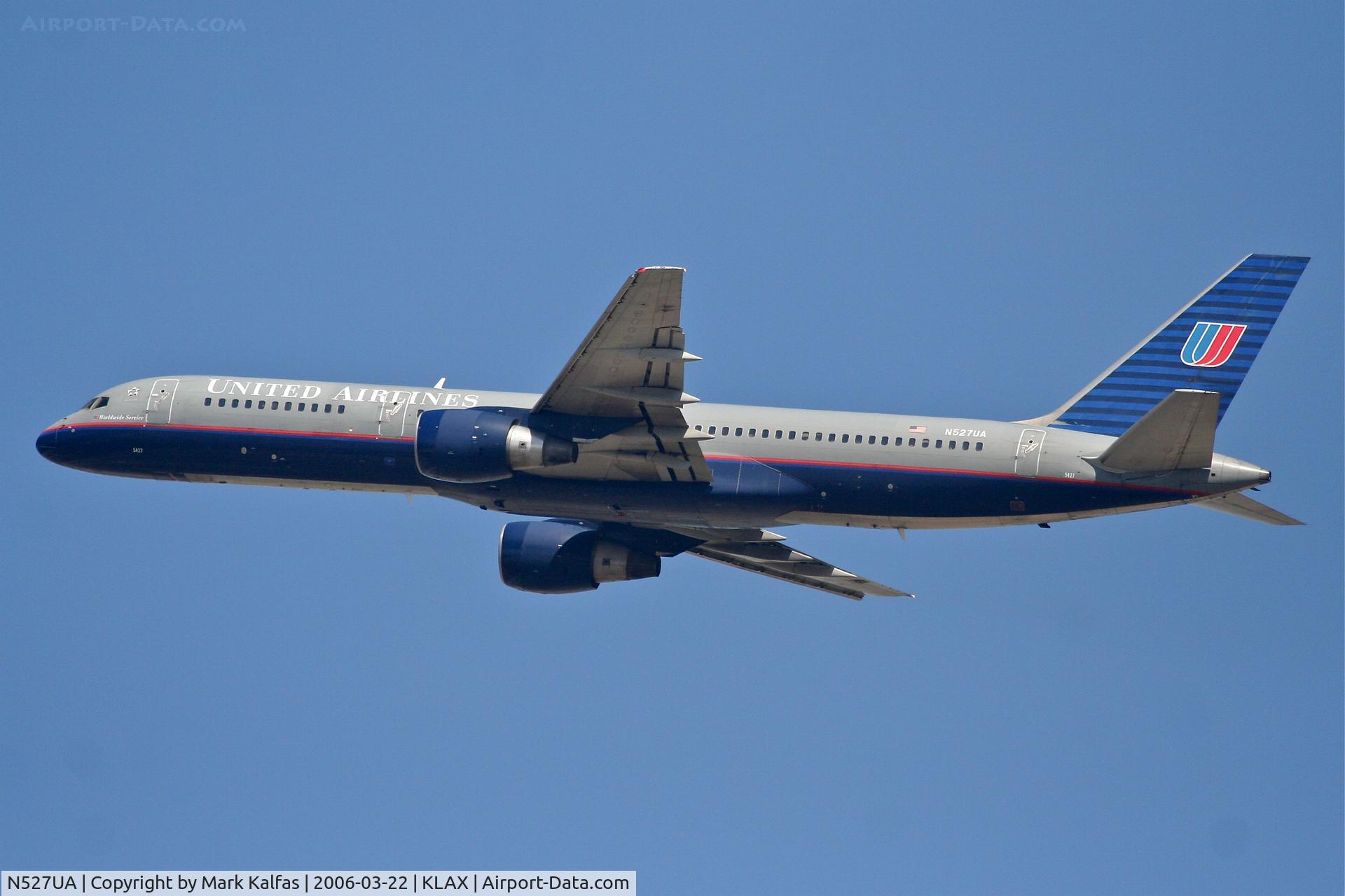 N527UA, 1991 Boeing 757-222F C/N 24995, United Airlines Boeing 757-222, N527UA RWY 25R departure KLAX.