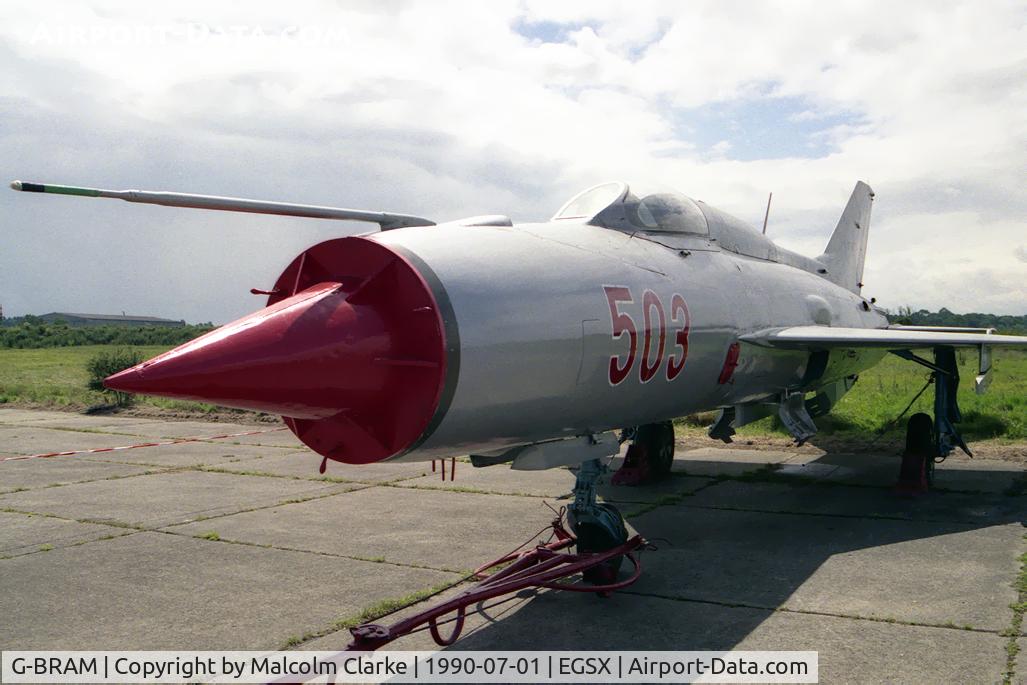 G-BRAM, 1966 Mikoyan-Gurevich MiG-21PF C/N 760503, Mikoyan-Gurevich MiG-21PF 503RED at North Weald in 1990.