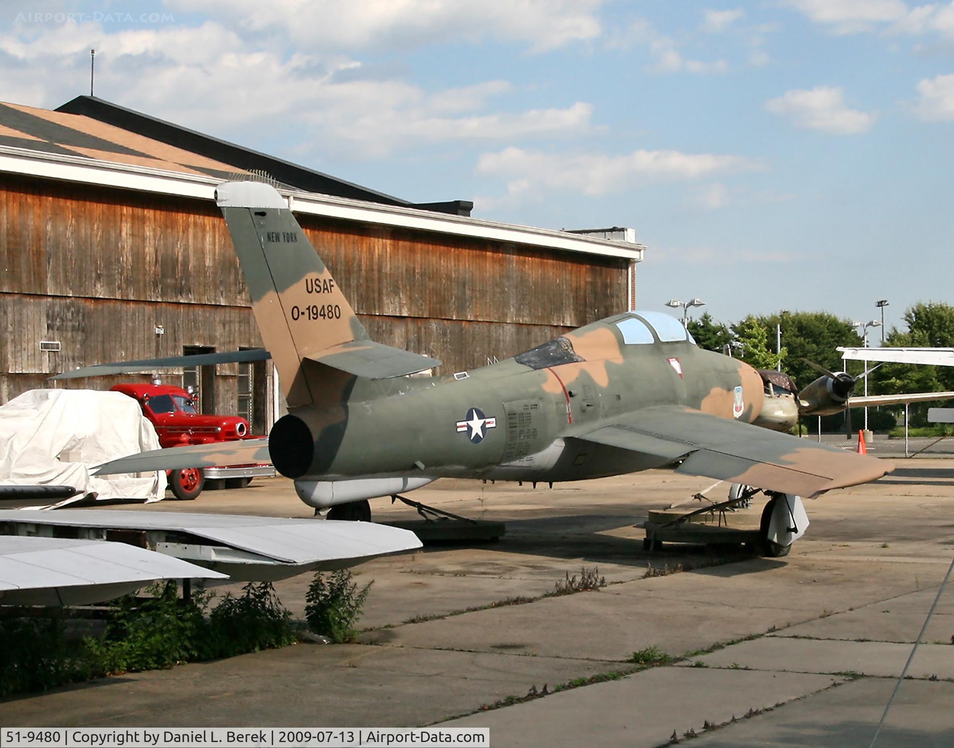 51-9480, 1951 General Motors F-84F-35-GK Thunderstreak C/N Not found 51-9480, Still wearing its Vietnam-era camouflage and NY State National Guard markings, this Cold War warrior sits in the backlot of the Cradle of Aviation Museum.