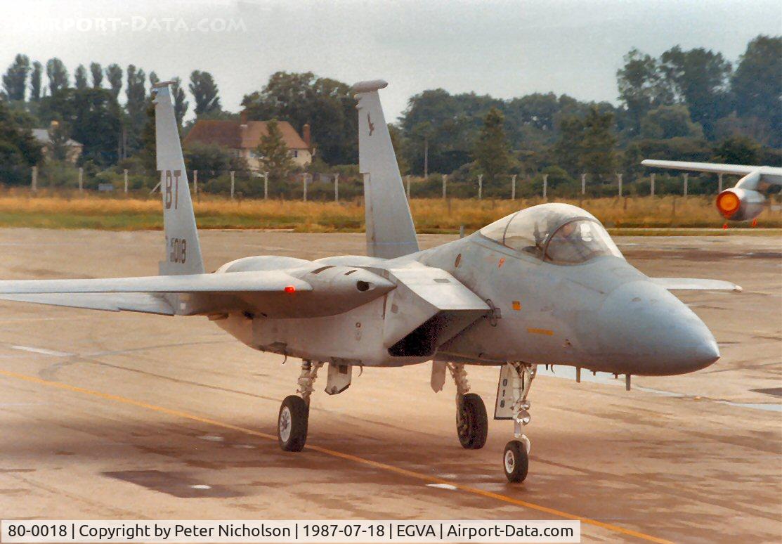 80-0018, 1980 McDonnell Douglas F-15C Eagle C/N 0658/C167, Eagle 61, an F-15C Eagle of 525th Tactical Fighter Squadron/36th Tactical Fighter Wing on arrival at the 1987 Intnl Air Tattoo at RAF Fairford.