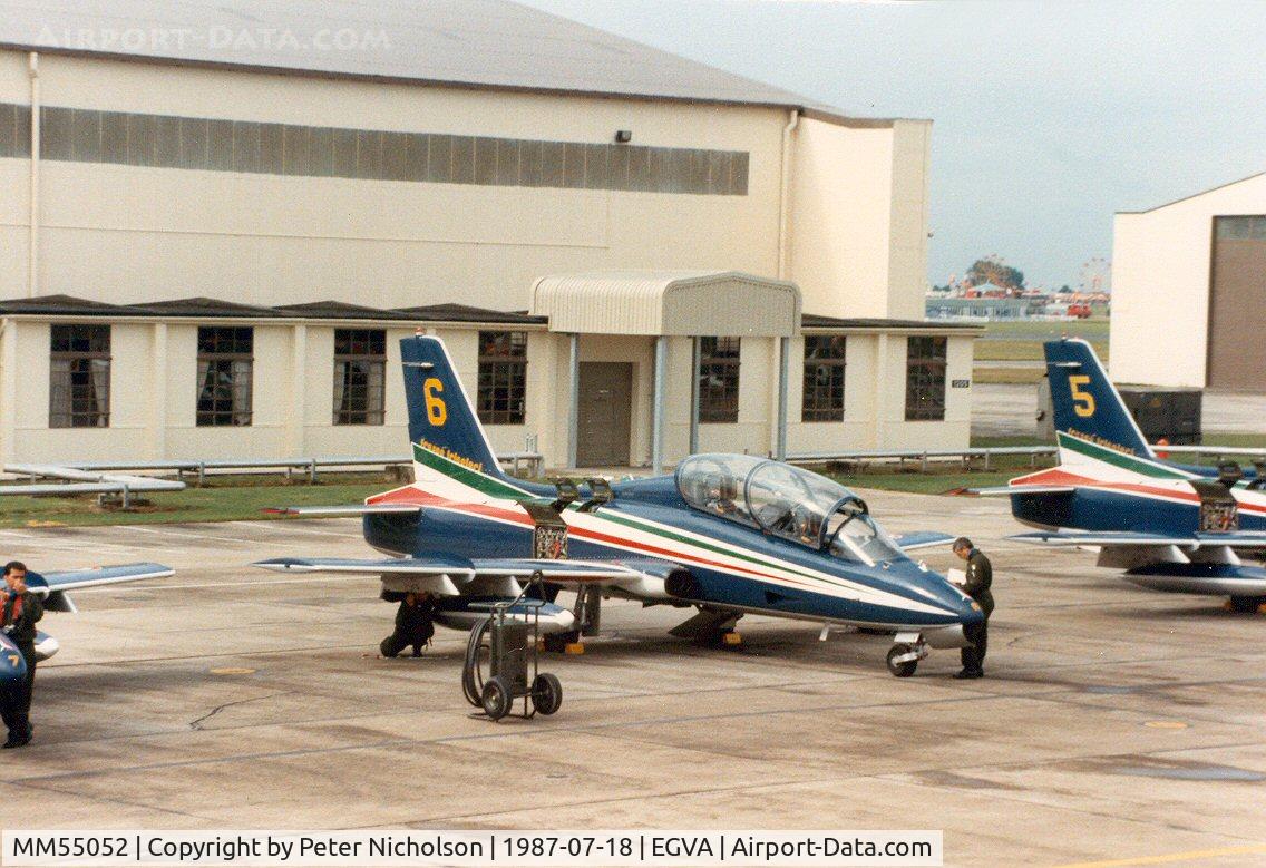 MM55052, Aermacchi MB-339PAN C/N 6846/186/AA083, MB339A number 6 of the Italian Air Force's Frecce Tricolori display team on the flight-line at the 1987 Intnl Air Tattoo at RAF Fairford.