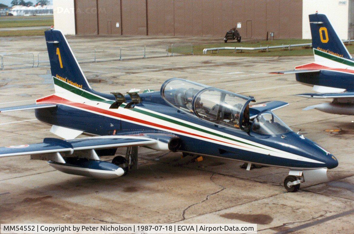 MM54552, Aermacchi MB-339A C/N 6773/168/AD019, MB339A number 1 of the Frecce Tricolori display team on the flight-line at the 1987 Intnl Air Tattoo at RAF Fairford. Sadly, this aircraft was lost in the tragic accident at Ramstein the following year.
