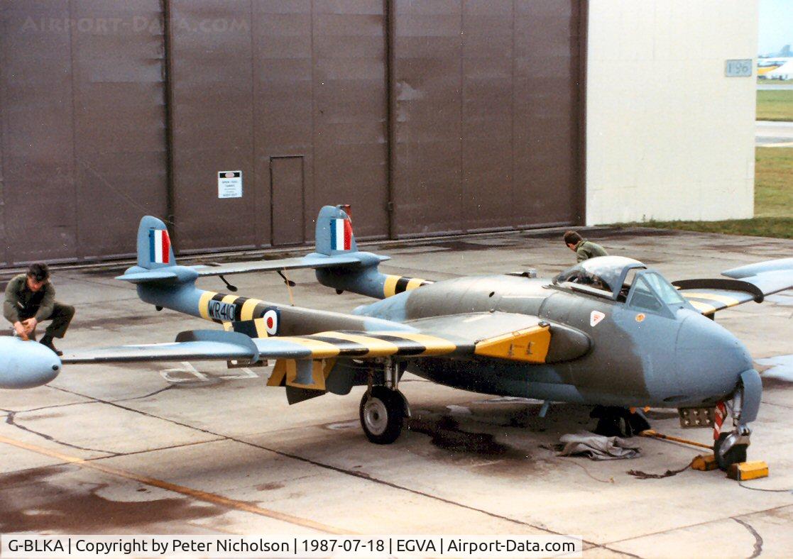 G-BLKA, 1957 De Havilland (F+W Emmen) DH-112 Venom FB.54 C/N 431, Venom FB.54 formerly J-1790 of the Swiss Air Force marked as WR 410 on the flight-line at the 1987 Intnl Air Tattoo at RAF Fairford.
