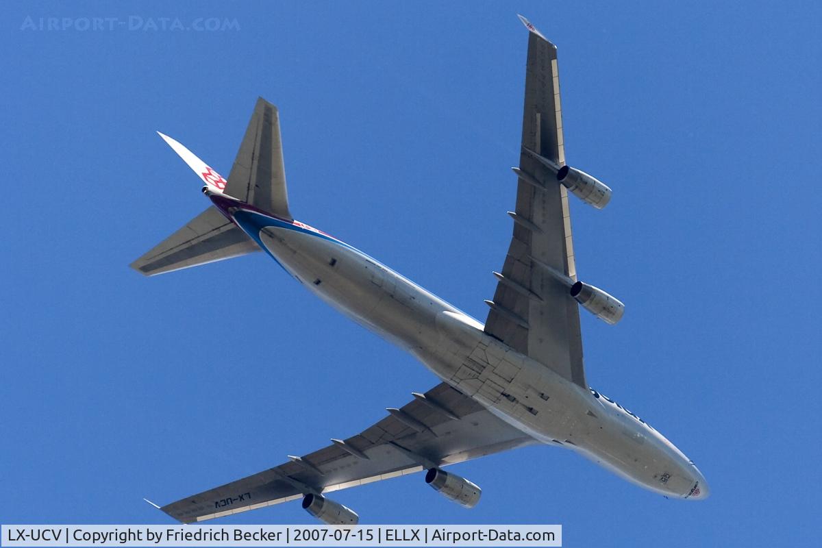 LX-UCV, 2004 Boeing 747-4R7F/SCD C/N 33827, overflying Luxembourg while departing to asia