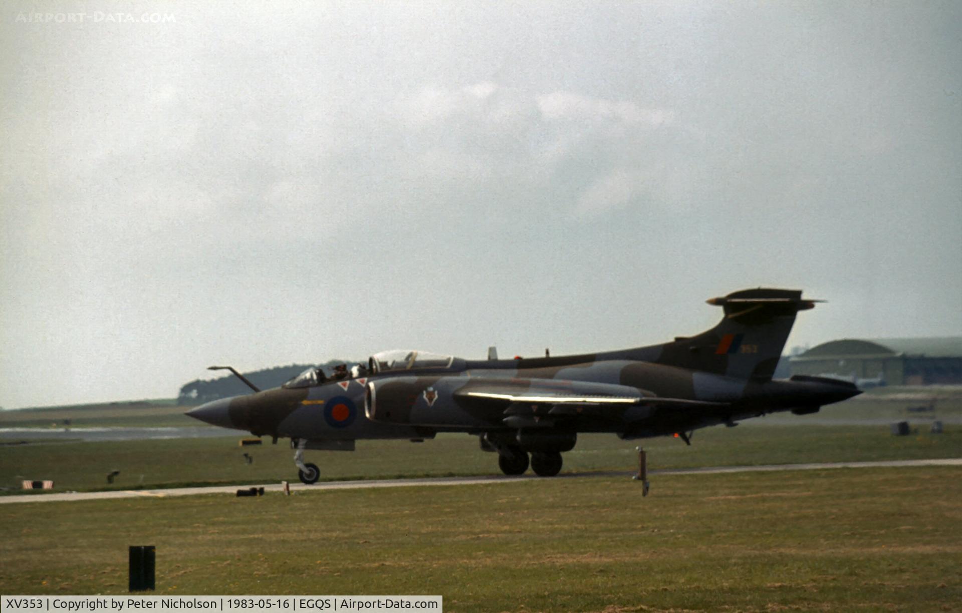 XV353, 1967 Hawker Siddeley Buccaneer S.2B C/N B3-03-67, Buccaneer S.2B of 12 Squadron taxying to the ramp at RAF Lossiemouth in May 1983.