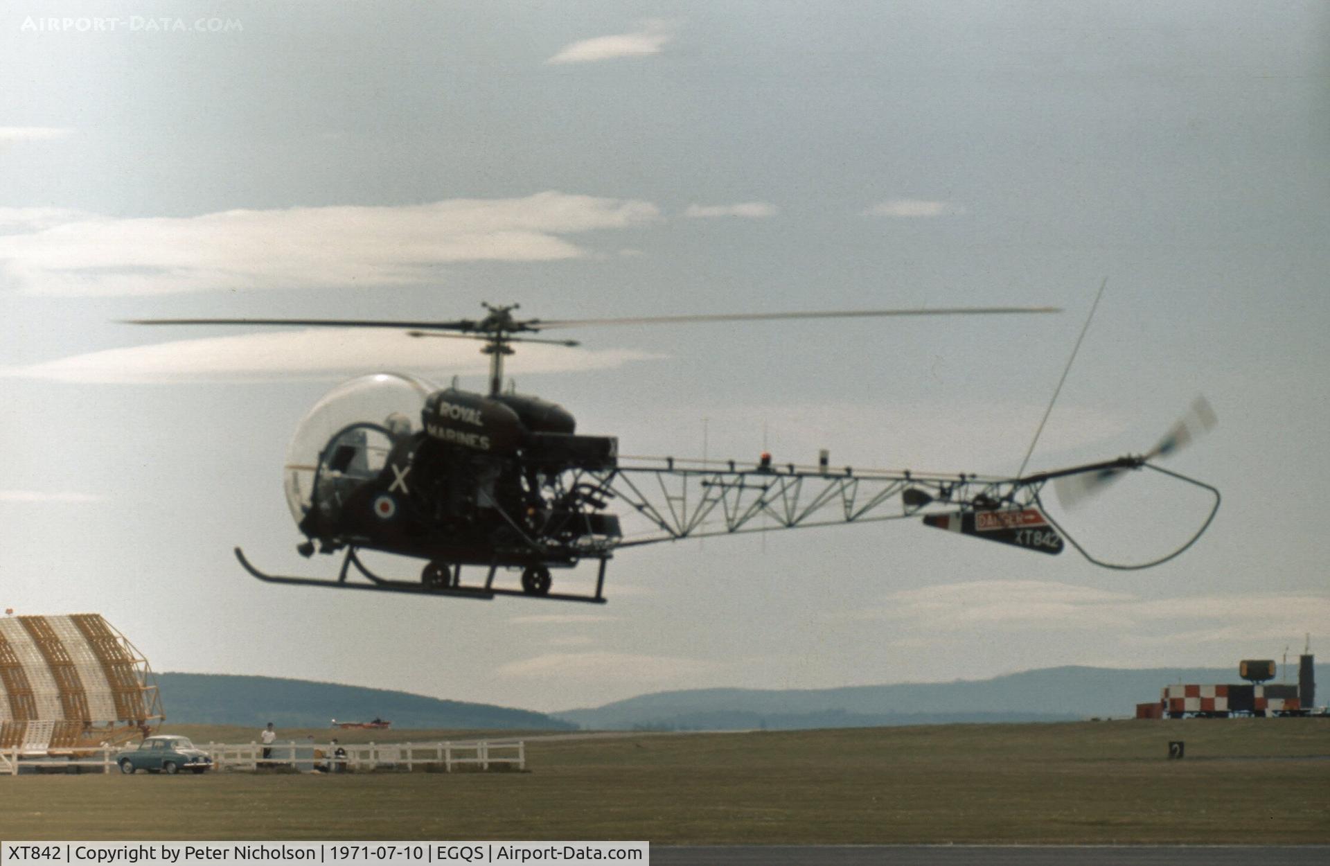 XT842, 1966 Westland Sioux AH.1 C/N WA604, Royal Marines Sioux AH.1 of 45 Commando on display at the 1971 RNAS Lossiemouth Airshow.