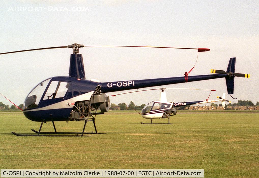 G-OSPI, 1988 Robinson R22 Beta C/N 0793, Robinson R-22 Beta at Cranfield Airport in 1988.