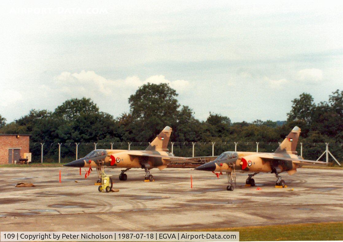 109, Dassault Mirage F.1EJ C/N Not found 109, Mirage F.1EJ 109 with companion 107, both of 1 Squadron Royal Jordanian Air Force, on the flight-line at the 1987 Intnl Air Tattoo at RAF Fairford.