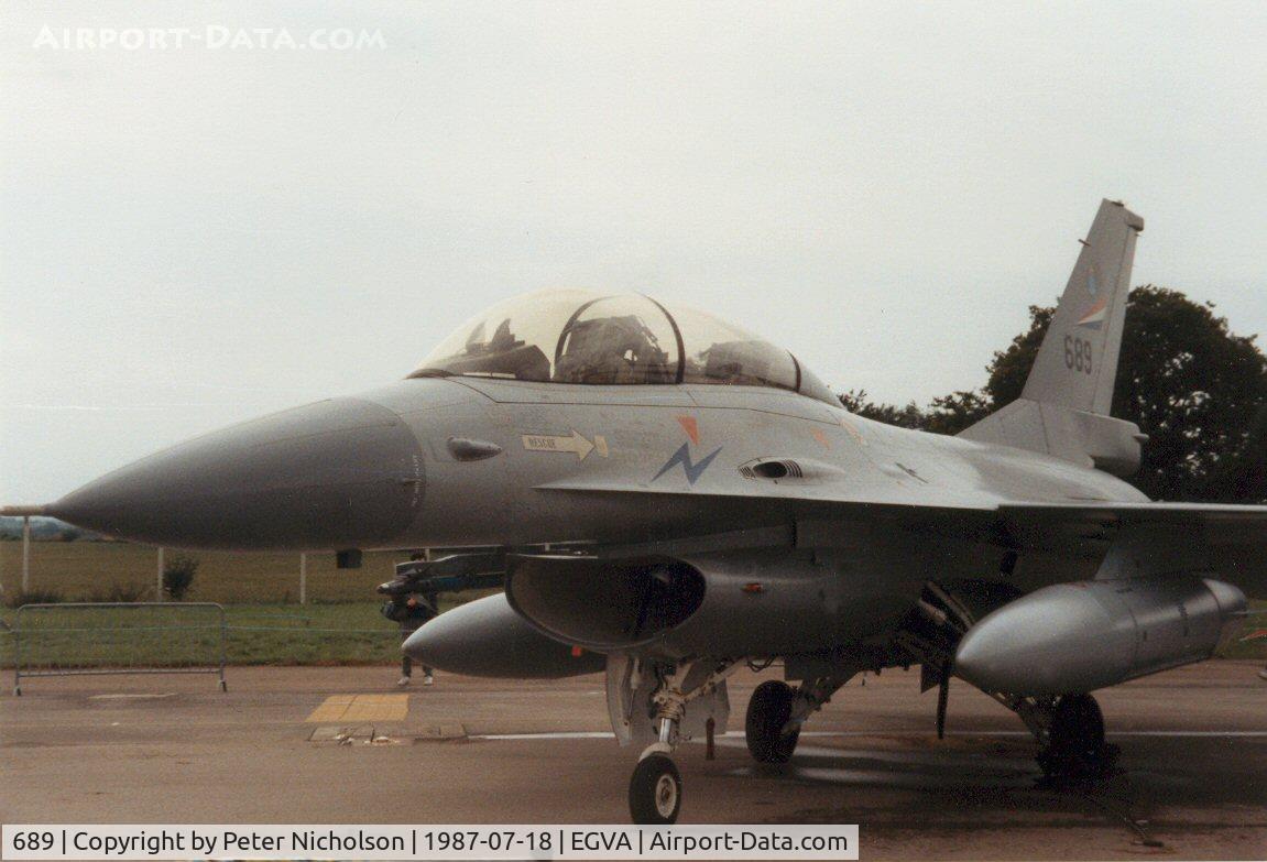 689, 1980 General Dynamics (Fokker) F-16B Fighting Falcon C/N 6L-8, F-16B Falcon, callsign Mission 5685, of 331 Skv Royal Norwegian Air Force on display at the 1987 Intnl Air Tattoo at RAF Fairford.