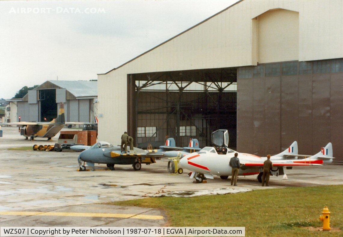 WZ507, 1954 De Havilland DH-115 Vampire T.11 C/N 15127, Vampire T.11 operated by Dean Flying Displays as G-VTII on the flight-line at the 1987 Intnl Air Tattoo at RAF Fairford.