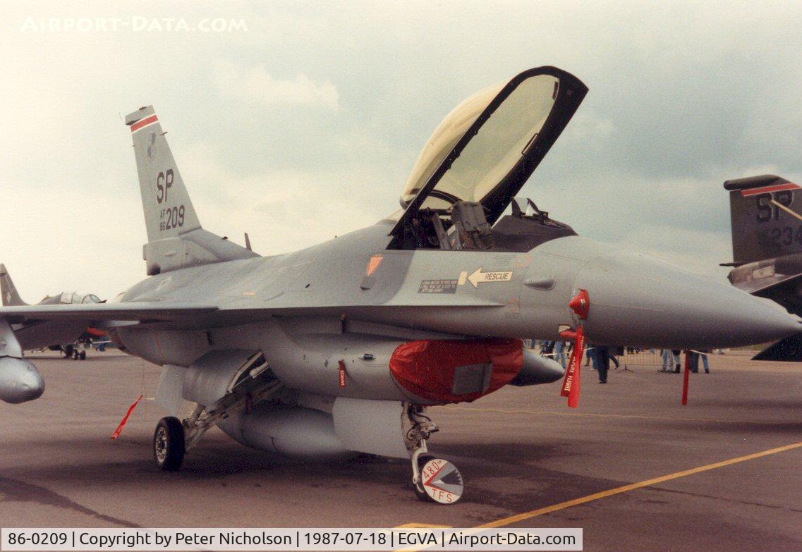 86-0209, 1986 General Dynamics F-16C Fighting Falcon C/N 5C-315, F-16C Falcon, callsign Sonic 2, of the 480th Tactical Fighter Squadron/52nd Tactical Fighter Wing at Spangdahlem on display at the 1987 Intnl Air Tattoo at RAF Fairford.