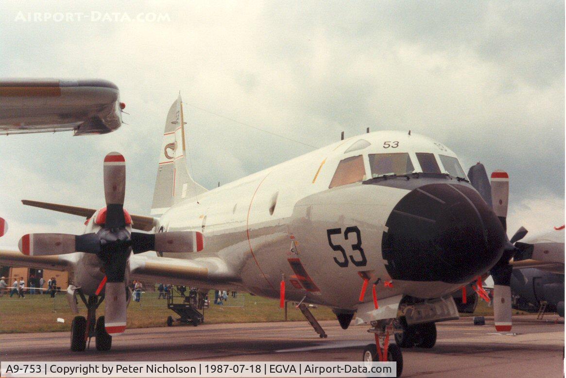 A9-753, Lockheed AP-3C Orion C/N 285D-5660, P-3C Orion of 10 Squadron Royal Australian Navy in the static park at the 1987 Intnl Air Tattoo at RAF Fairford.