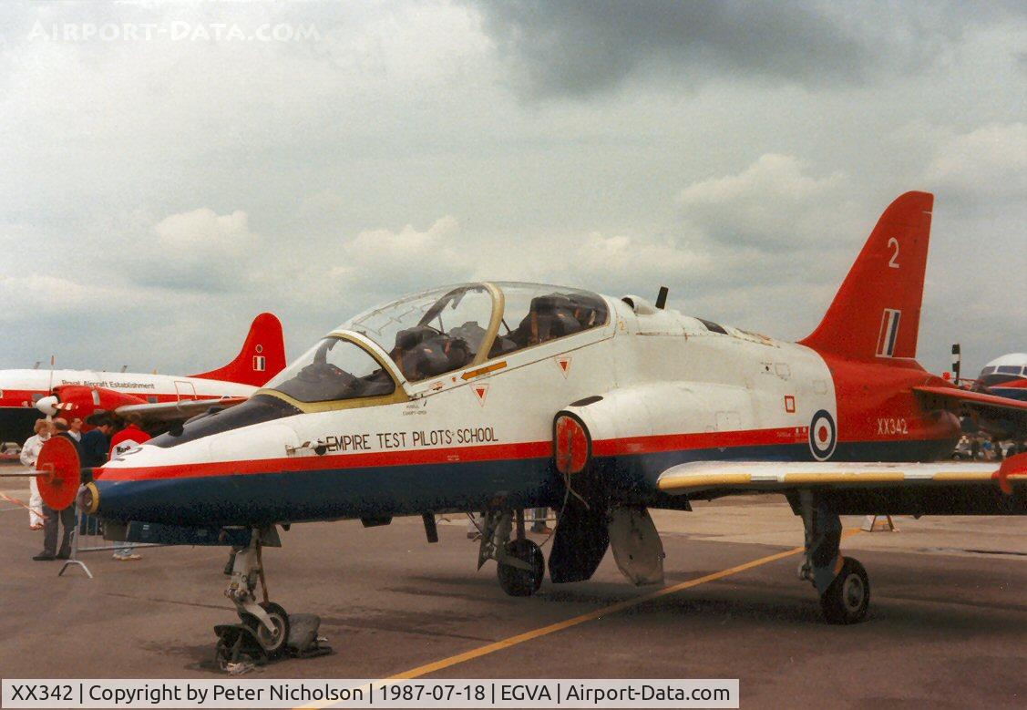 XX342, 1981 Hawker Siddeley Hawk T.1 C/N 191/312166, Hawk T.1, callsign Tester 50A, of the Empire Test Pilots School at Boscombe Down on display at the 1987 Intnl Air Tattoo at RAF Fairford.