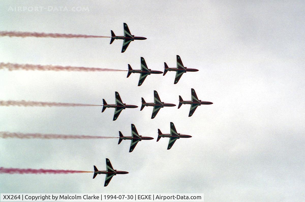 XX264, 1978 Hawker Siddeley Hawk T.1A C/N 100/312100, British Aerospace Hawk T1A. The Red Arrows in Apollo formation at RAF Leeming's Country Fair and Air Show in 1992.