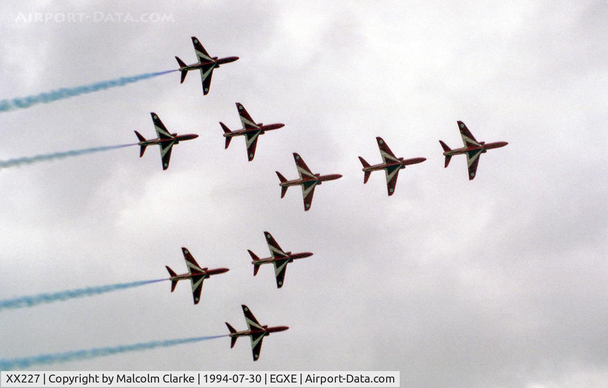 XX227, 1978 Hawker Siddeley Hawk T.1A C/N 063/312063, British Aerospace Hawk T1A. The Red Arrows in Concord formation at RAF Leeming's Country Fair and Air Show in 1992.