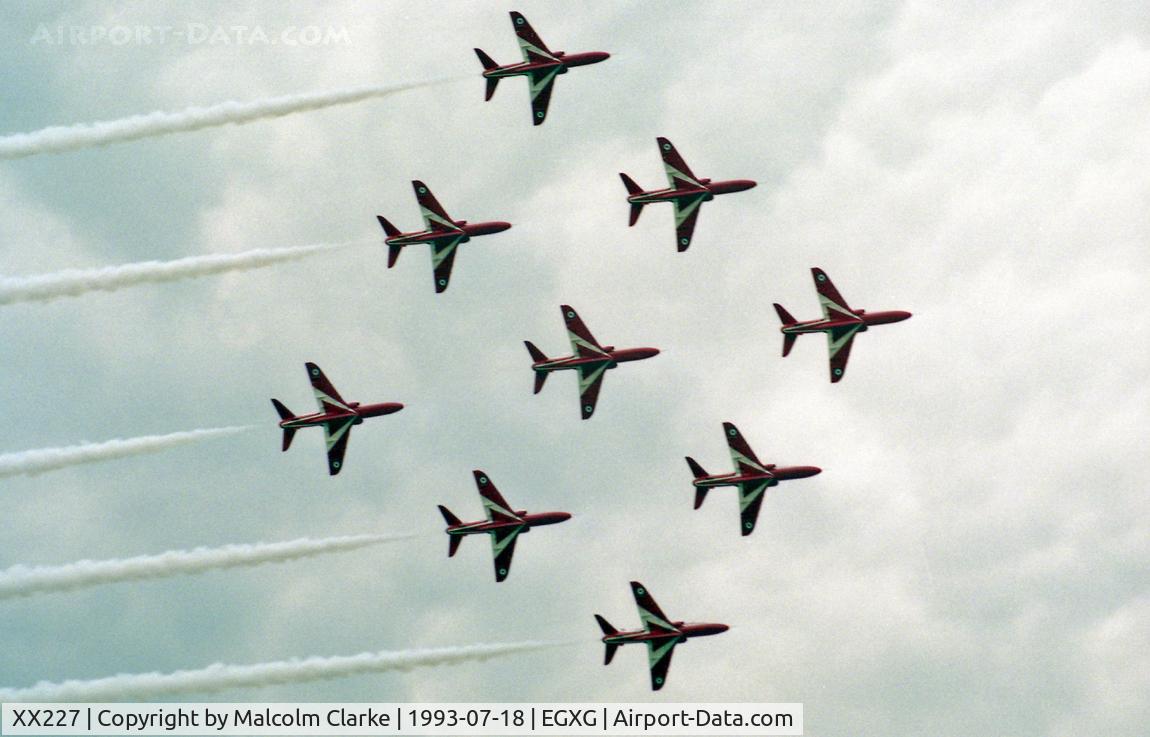 XX227, 1978 Hawker Siddeley Hawk T.1A C/N 063/312063, British Aerospace Hawk T1A. The Red Arrows in Diamond Nine formation at the SSAFA Air Display RAF Church Fenton in 1993.