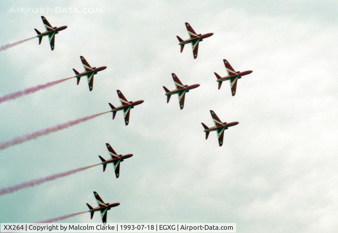 XX264, 1978 Hawker Siddeley Hawk T.1A C/N 100/312100, British Aerospace Hawk T1A. The Red Arrows in Typhoon formation at the SSAFA Air Display RAF Church Fenton in 1993.