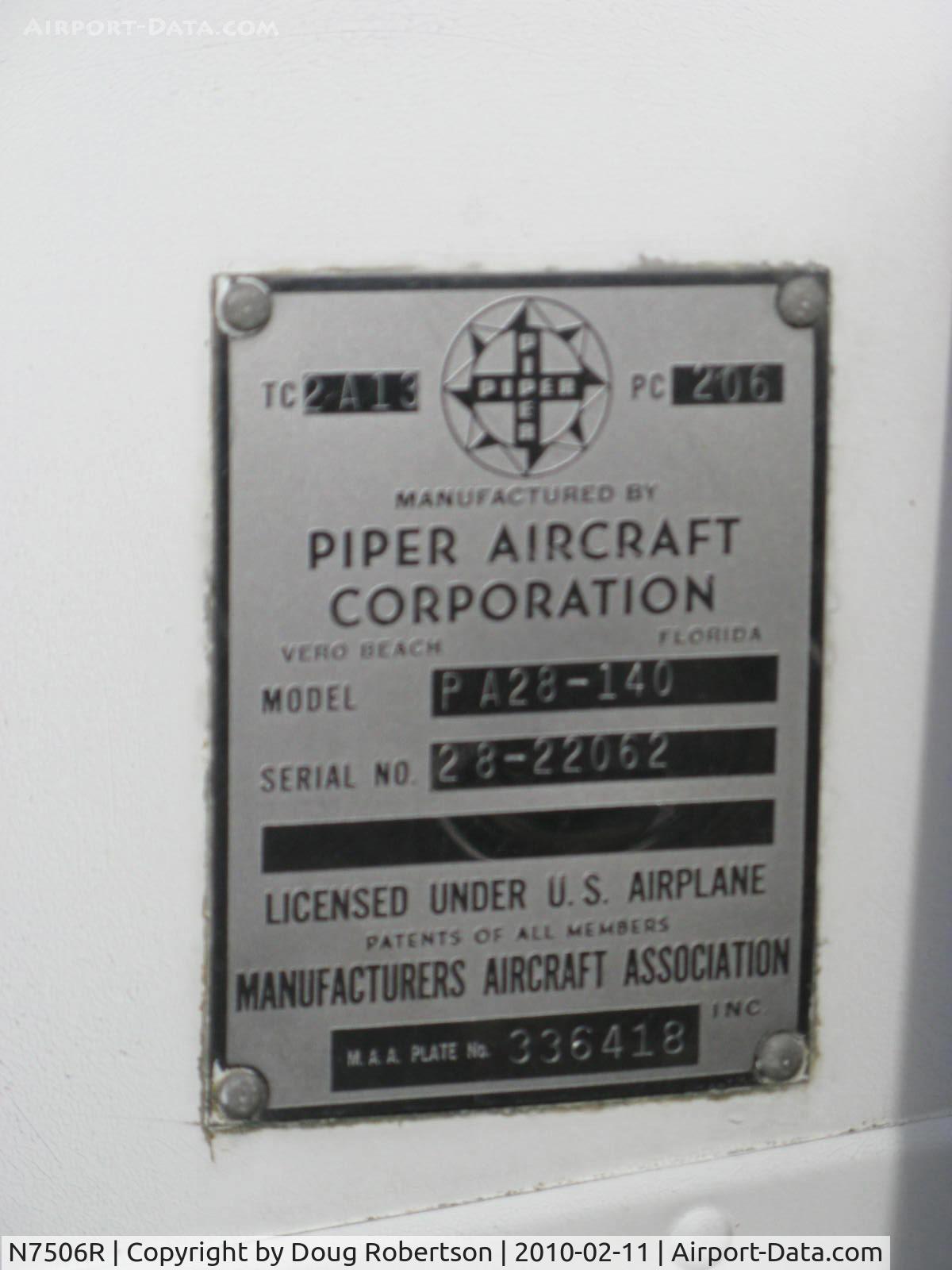N7506R, 1966 Piper PA-28-140 C/N 28-22062, 1966 Piper PA-28-140 CHEROKEE, Lycoming O-320-E2A 150 Hp, data plate