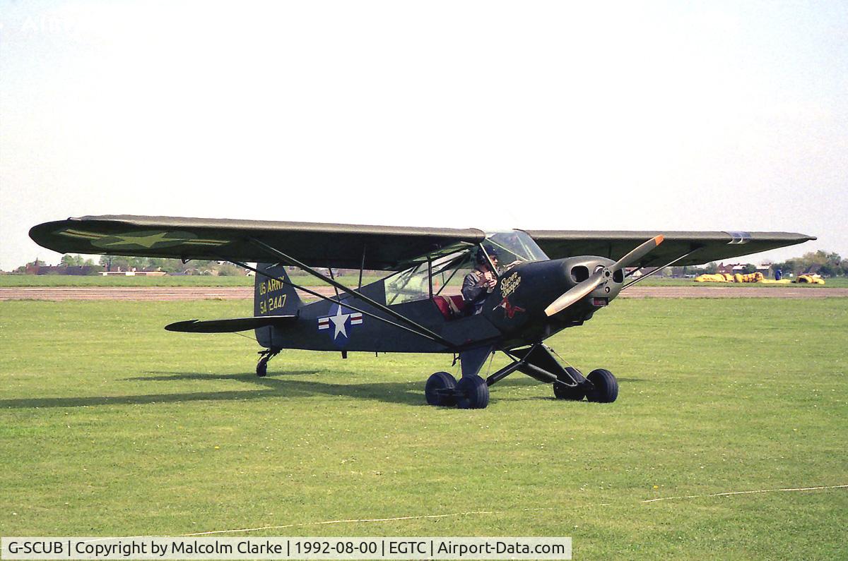 G-SCUB, 1954 Piper L-21B Super Cub (PA-18-135) C/N 18-3847, Piper L-21B Super Cub displaying US Army paint scheme and display reg 54-2447 at Cranfield Airport, UK in 1992..