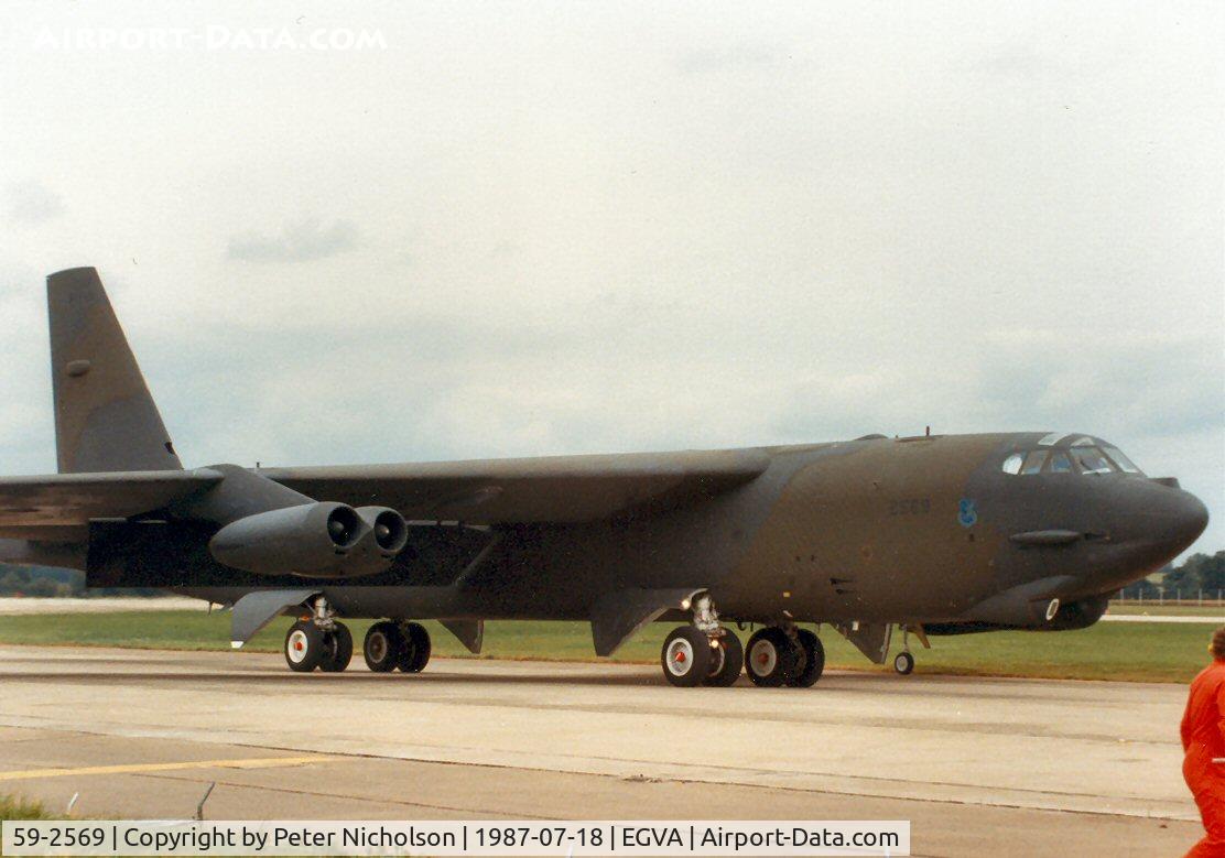59-2569, 1959 Boeing B-52G Stratofortress C/N 464332, B-52G Stratofortress. callsign Caddo 22, of Barksdale AFB's 2nd Bomb Wing taxying at the 1987 Intnl Air Tattoo at RAF Fairford.