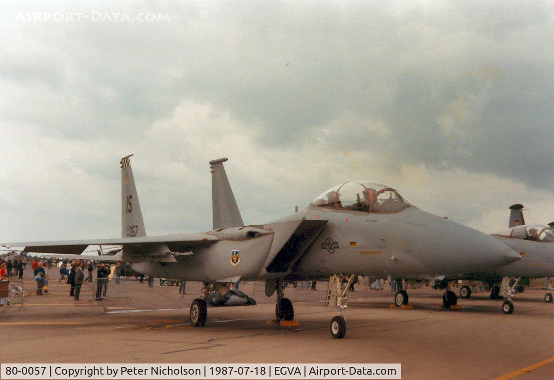 80-0057, 1980 McDonnell Douglas F-15D Eagle C/N 0698/D029, F-15D Eagle, callsign Arno 02, of 57th Fighter Interceptor Squadron on display at the 1987 Intnl Air Tattoo at RAF Fairford.