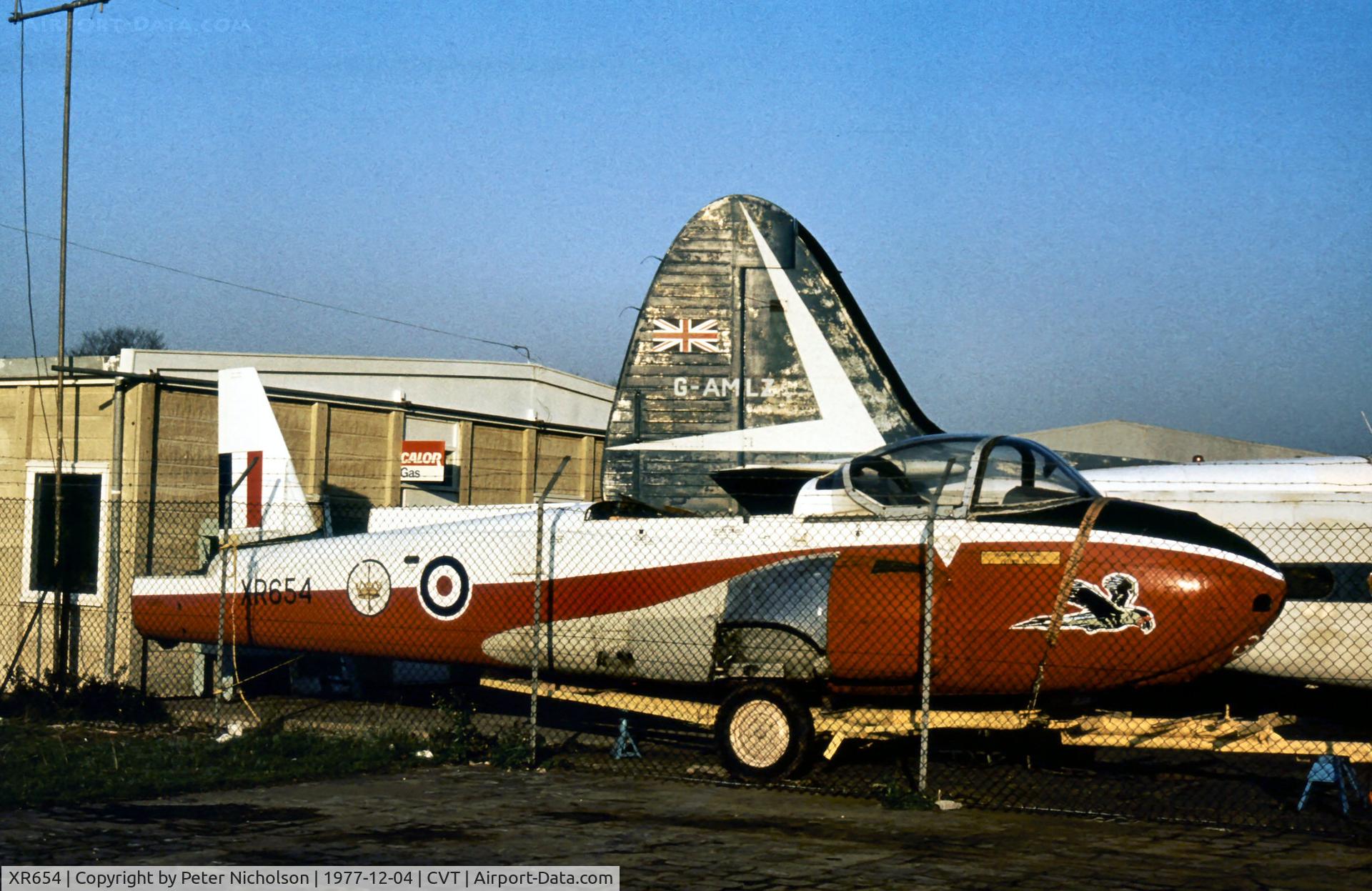 XR654, 1963 BAC 84 Jet Provost T.4 C/N Not found XR654, Ex College of Air Warfare Jet Provost T.4 stored at Coventry Airport in December 1977.