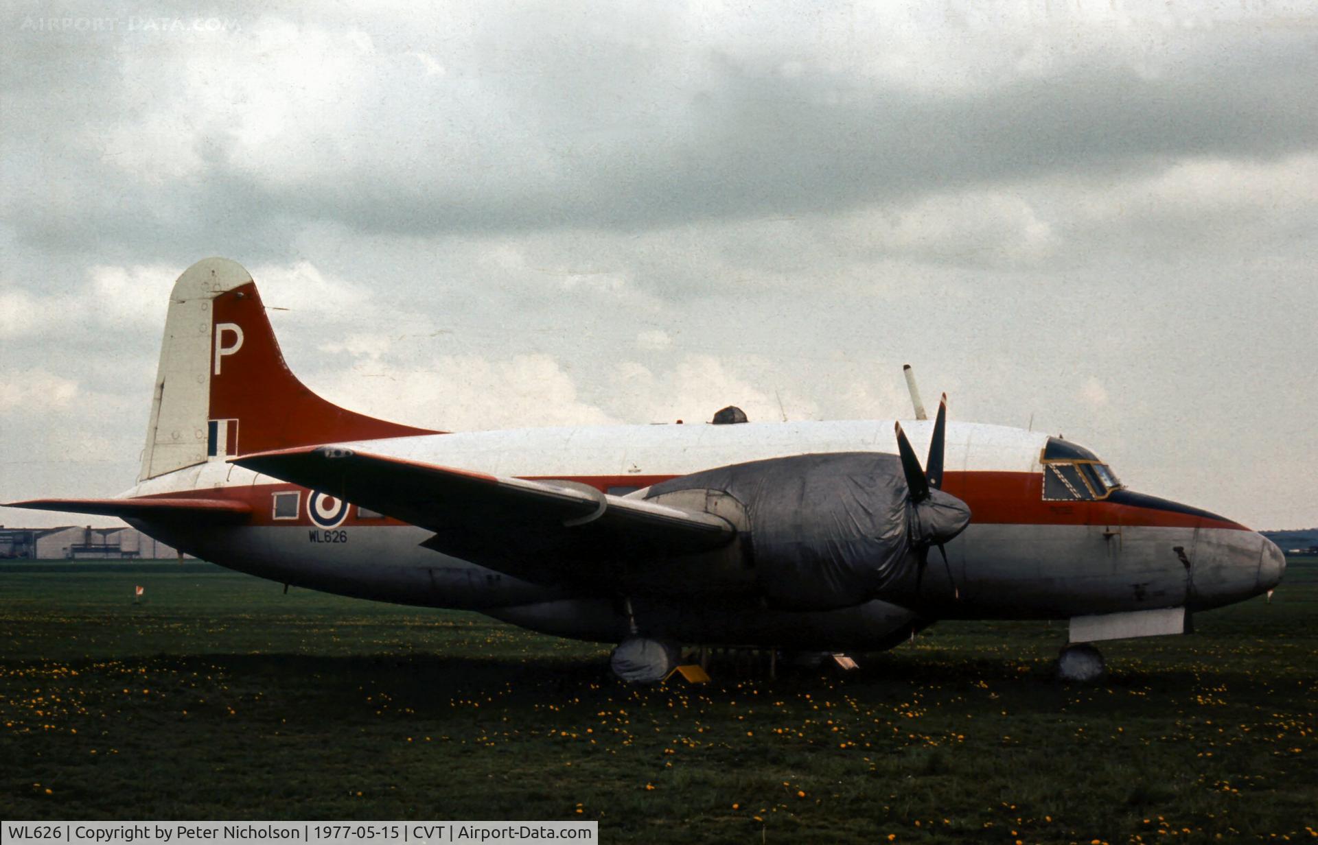 WL626, 1953 Vickers Varsity T.1 C/N Not found WL626/G-BHDD, Former 6 Flying Training School Varsity T.1 seen at Coventry Airport in May 1977 is now displayed at East Midlands Airport.