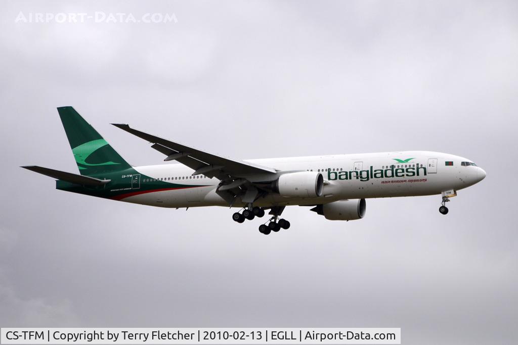 CS-TFM, 1998 Boeing 777-212/ER C/N 28513, Euro Atlantics B777 sporting new Biman Bangladesh colours at Heathrow  (ex Singapore Airlines  9V-SQB)