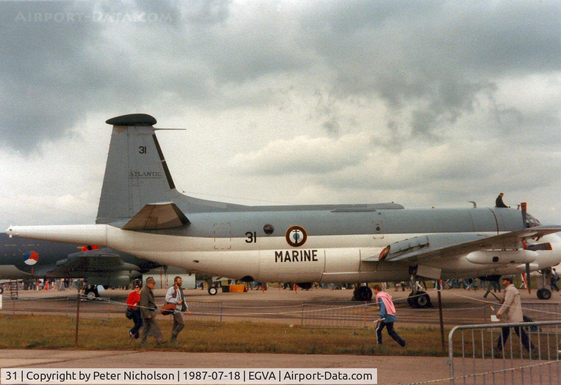 31, Breguet 1150 Atlantic C/N 31, Atlantic of 23 Flotille French Aeronavale on display at the 1987 Intnl Air Tattoo at RAF Fairford.