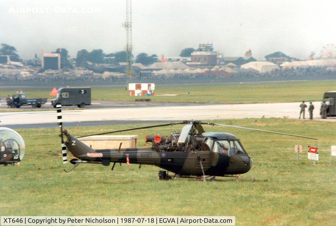 XT646, Westland Scout AH.1 C/N F9652, Scout AH.1 of 666 Squadron on the flight-line at the 1987 Intnl Air Tattoo at RAF Fairford.