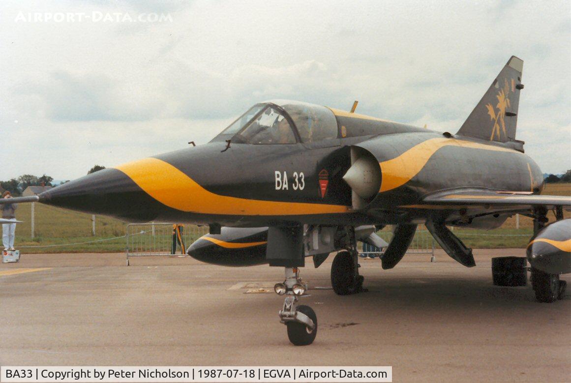 BA33, SABCA Mirage 5BA C/N 33, Mirage 5BA of 1 Squadron Belgian Air Force on display at the 1987 Intnl Air Tattoo at RAF Fairford.