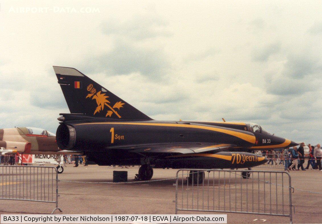 BA33, SABCA Mirage 5BA C/N 33, Another view of the Mirage 5BA of 1 Squadron Belgian Air Force wearing anniversary markings on display at the 1987 Intnl Air Tattoo at RAF Fairford.