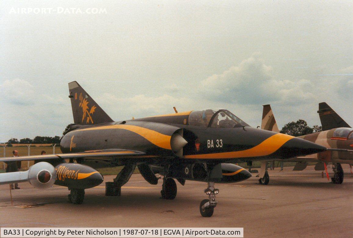 BA33, SABCA Mirage 5BA C/N 33, Mirage 5BA wearing anniversary markings of 1 Squadron Belgian Air Force in the static park at the 1987 Intnl Air Tattoo at RAF Fairford.