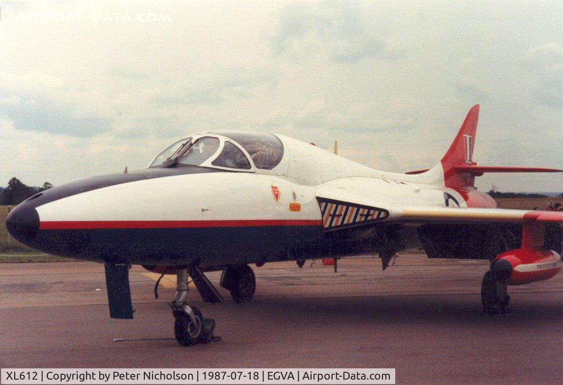 XL612, 1958 Hawker Hunter T.7 C/N 41H-695346, Hunter T.7, callsign Gauntlet 63, of the Empire Test Pilots School at Boscombe Down on display at the 1987 Intnl Air Tattoo at RAF Fairford.